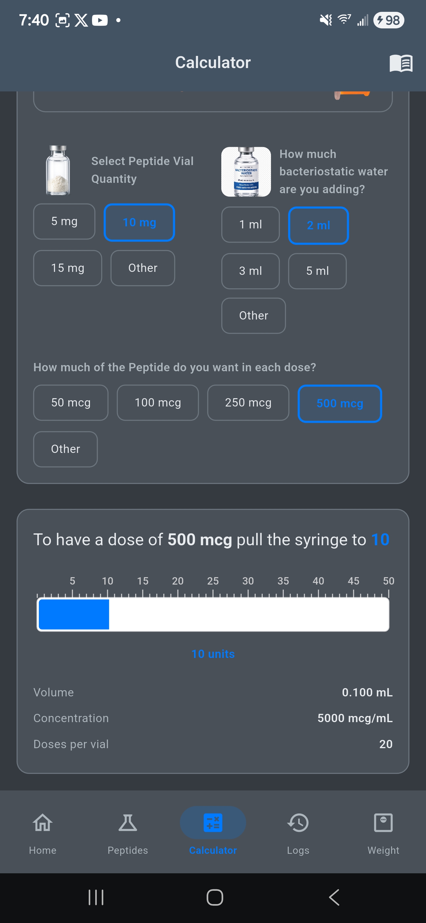 PepMinder dose calculation result with syringe diagram