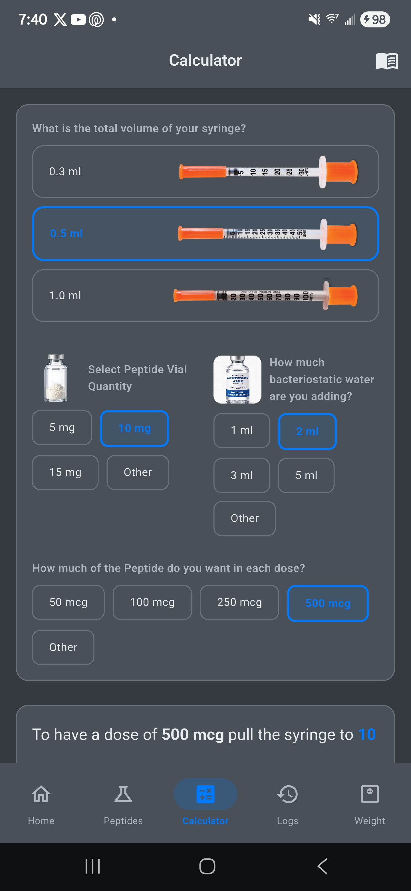 PepMinder peptide dose calculator screenshot